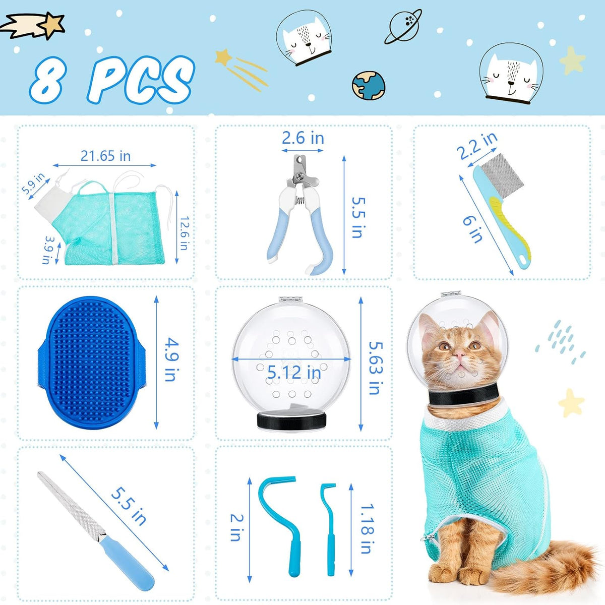 8 Pcs Cat Muzzle Set with Adjustable Cat Bathing Bag, Breathable Muzzle Pet for Shower Grooming Brush Tick Remover Tool Nail Clipper Nail File for Dog, Bunny Cleaning Trimming(M Size,Blue)
