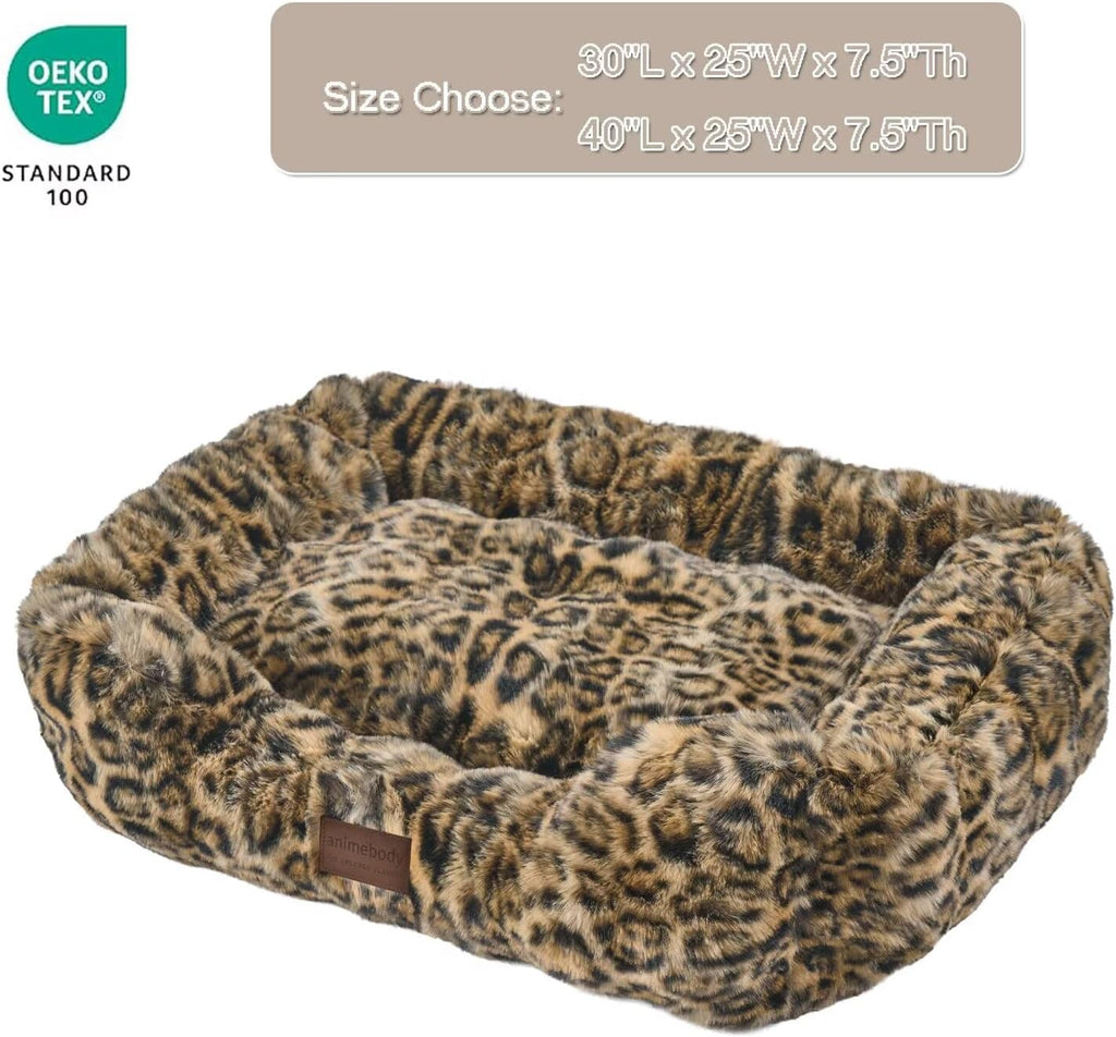 Washable Orthopedic Dog Bed,Rectangle Fleece & Luxury Pet Bed with Removable Zipper Cover & Anti-Slip Bottom,Suitable for Medium Large Dogs,30x25x7.5inches,Leopard Brown