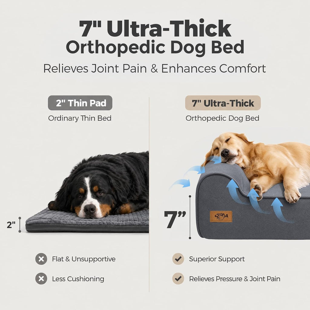Sytopia XXL 35D Memory Foam Dog Bed for Extra Large Dogs – 7" Thick Orthopedic Pet Couch for Seniors and Big Breeds up to 150 Pounds, with Waterproof Liner & Washable Cover, 50"x 34"x 7", Blue Grey