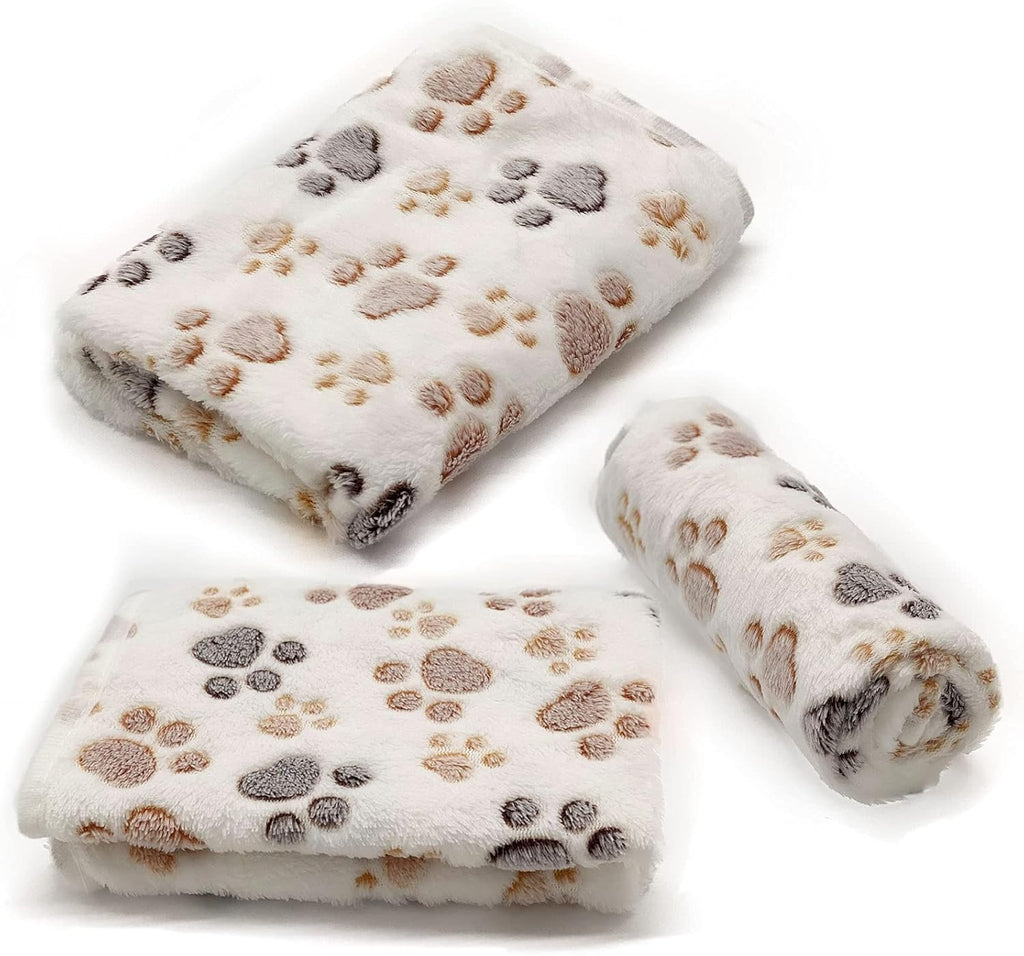 SORKUT 1 Pack 3 Puppy Dog Blankets Super Soft Warm Sleep Mat Fluffy Premium Fleece Pet Blanket Flannel Throw for Dog Puppy Cat - Paw Print Beige/Pink/Brown Medium (29"x20")