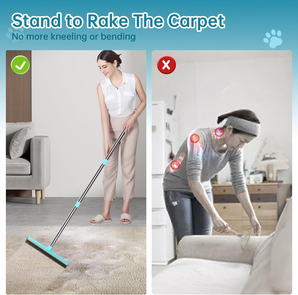 Carpet Rake for Pet Hair Removal, 60" Long Handle Rubber Broom (3 Pack)
