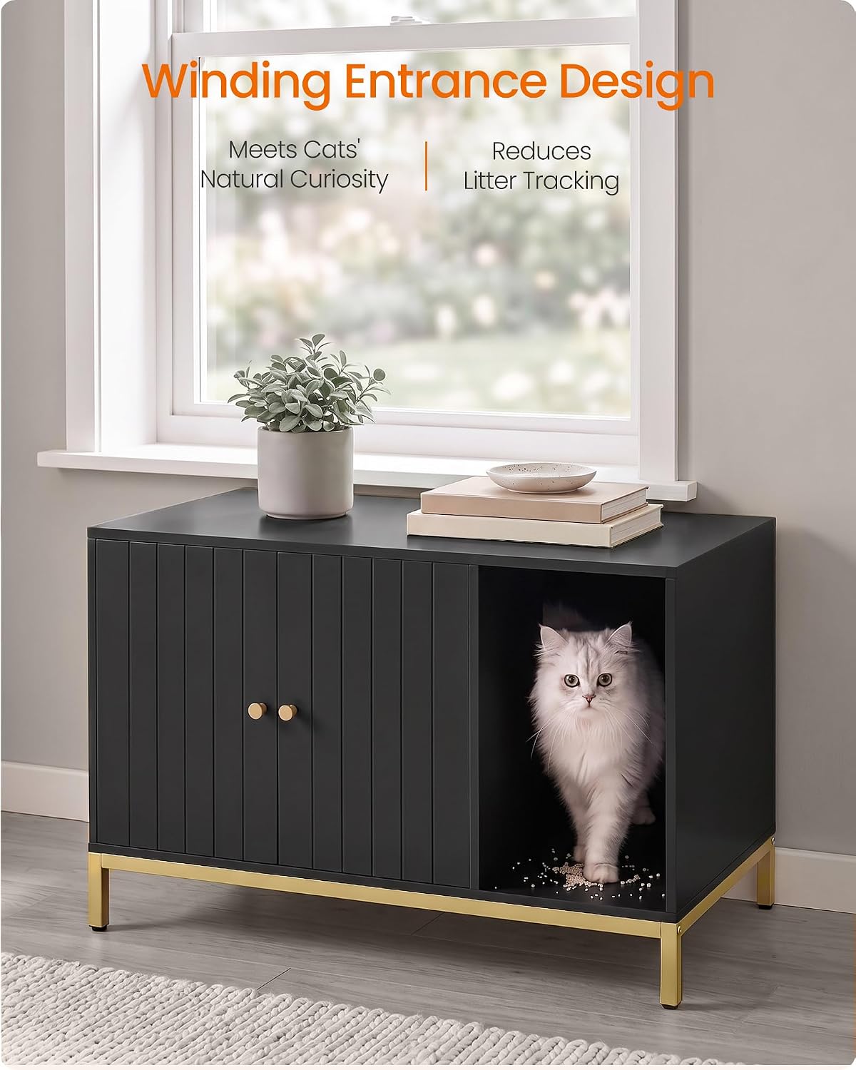 FEANDREA Cat Litter Box Enclosure, with Scratching Mat, Tall Legs