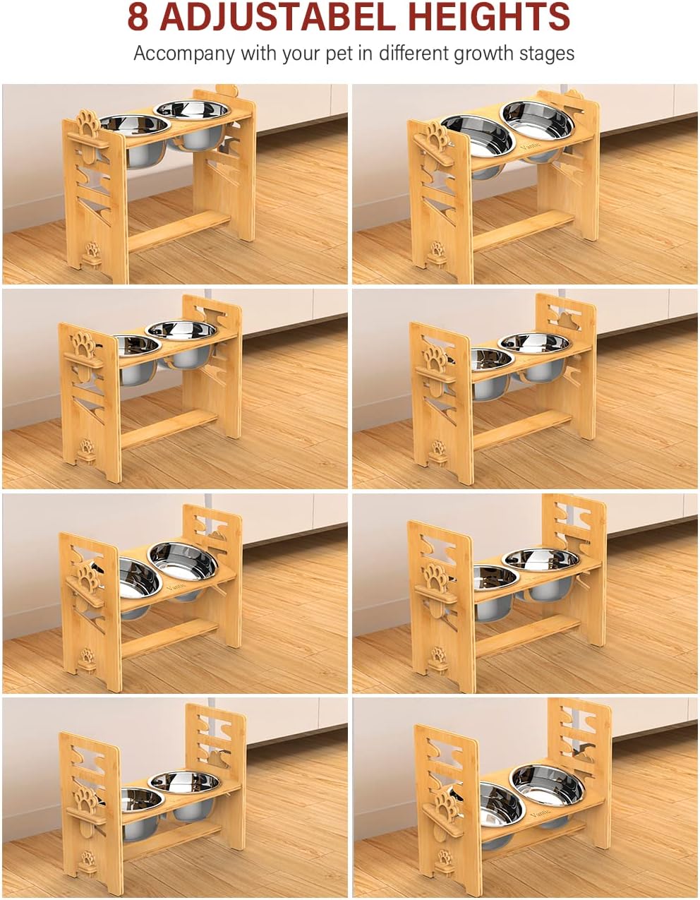 Elevated Dog Bowls, Adjustable Bowl Stand Large/XLarge, Natural | Bamboo Elevated Feeder with 2 Stainless Steel Bowls, Adjustable Height Stand for Large and Extra-Large Dogs 