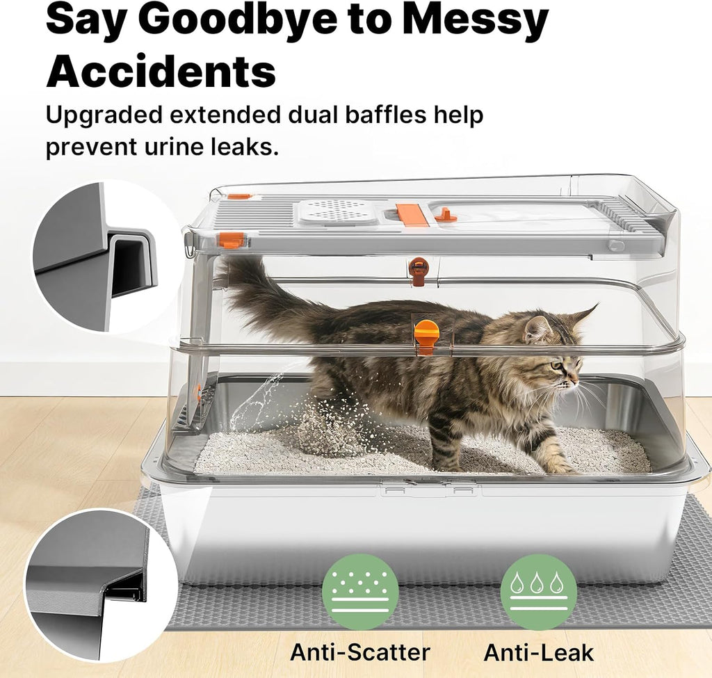Stainless Steel Litter Box with Flip Lid, XL Extra Large Cat Litter Box with High Sided Top Entry Design, Anti-Leakage Enclosed Metal Litterbox for Big Cats, with Handle, Mat, Pedal & Scoop Grey
