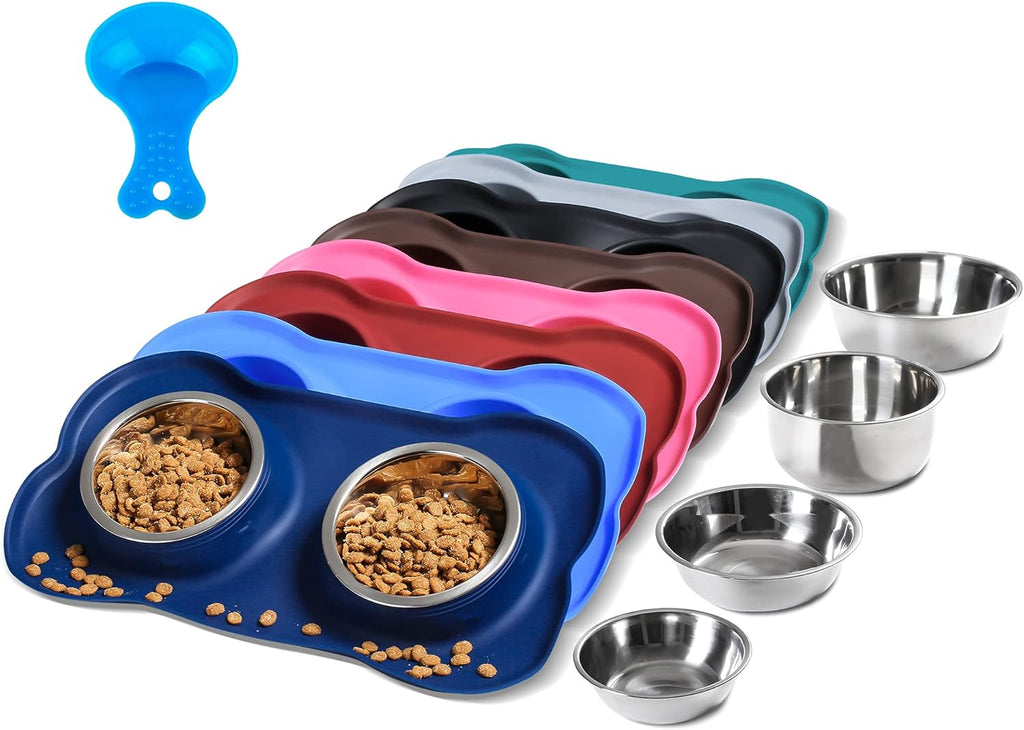 Hubulk Pet Dog Bowls 2 Stainless Steel Dog Bowl with No Spill Non-Skid Silicone Mat + Pet Food Scoop Water and Food Feeder Bowls for Feeding Small Medium Large Dogs Cats Puppies (Small, Navy Blue) 