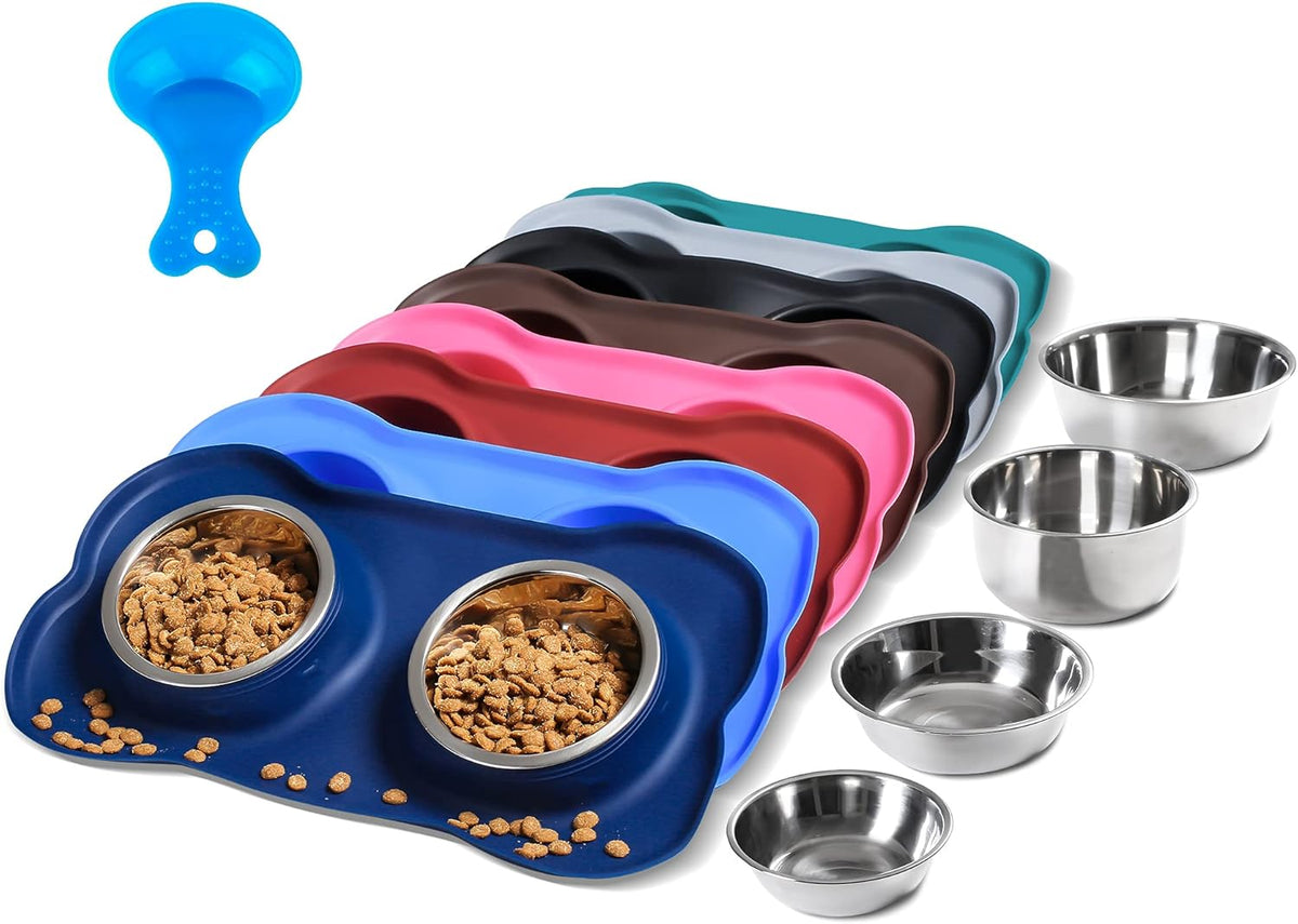 Hubulk Pet Dog Bowls 2 Stainless Steel Dog Bowl with No Spill Non-Skid Silicone Mat + Pet Food Scoop Water and Food Feeder Bowls for Feeding Small Medium Large Dogs Cats Puppies (Small, Navy Blue) 