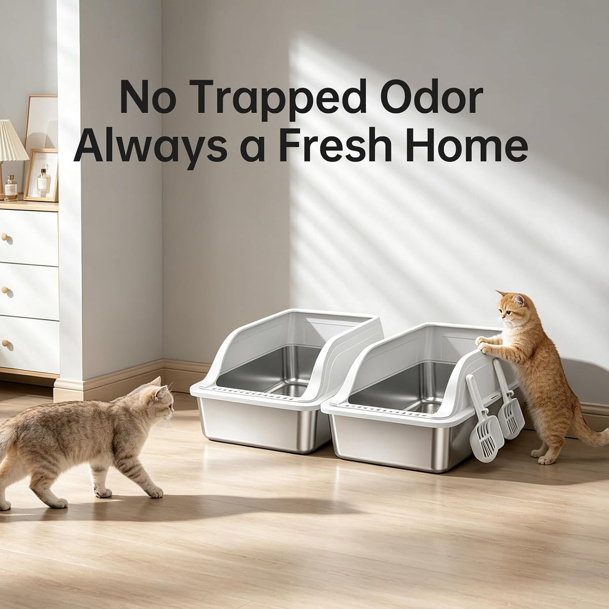 High-Sided Stainless Steel XL Cat Litter Box for Cats | High-sided design prevents urine leakage. Non-stick and easy to clean. Includes scoop (Gray)