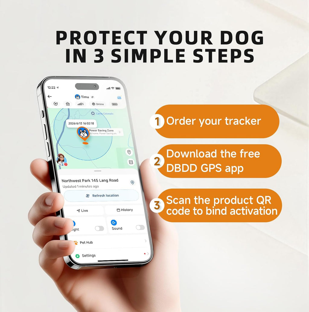 DBDD GPS Dog Trackers, 12-Mo Sub, Real-Time Loc, E-Fence, Health Monitor