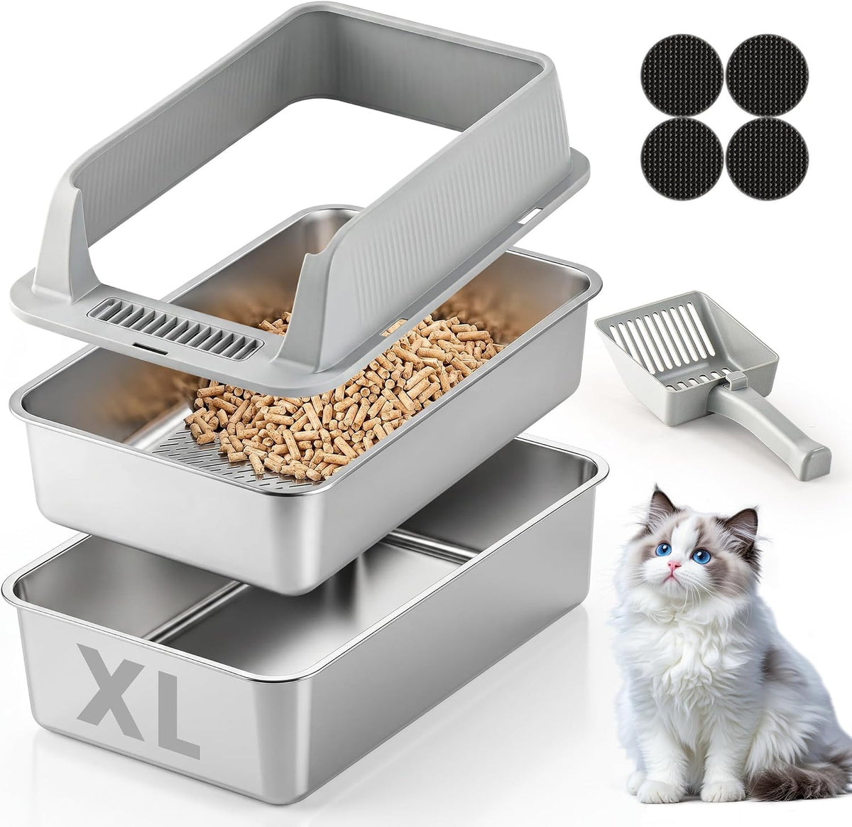 Stainless Steel Sifting Litter Box for Pine Pellets, Sifting Cat Litter Box with Sifter, High Side for Small Cats, Anti-Leakage, Odor Control, Includes Scooper, 22.4" x 14.6" x 11"