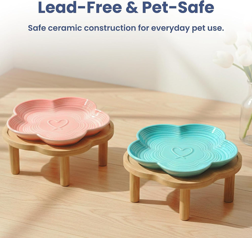 PawsPik Flower Ceramic Feeding Cat Plate with Raised Bamboo Stand, Blue