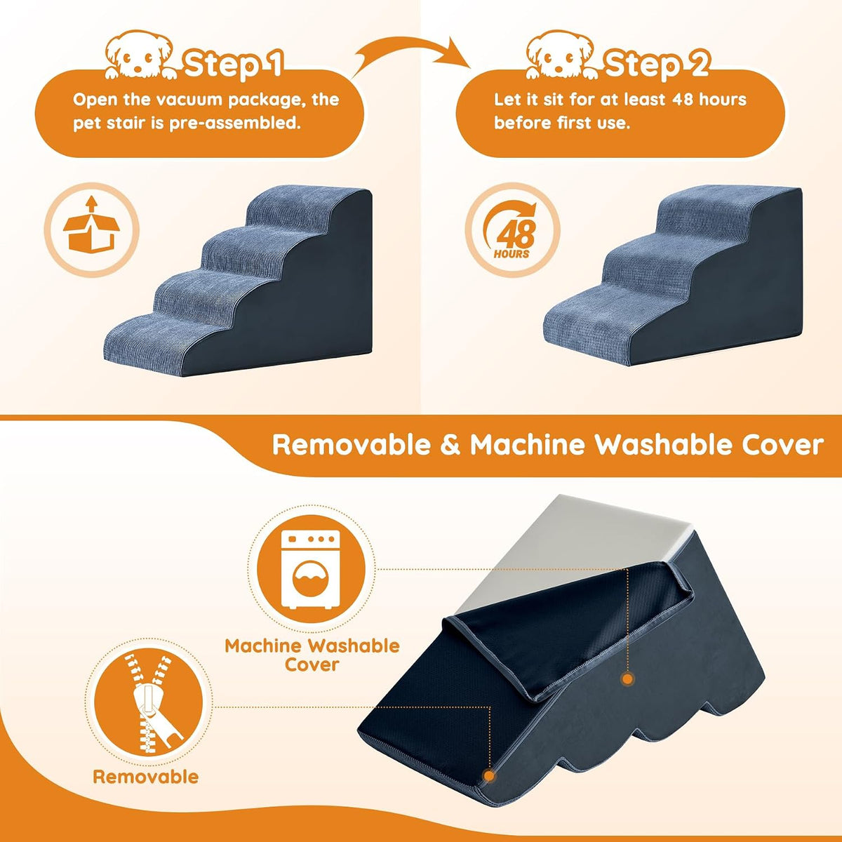 Ahpmeoa Dog Stairs for Small Dogs 15.7" H, Dog Ramp for Bed, 3-Step, Navy