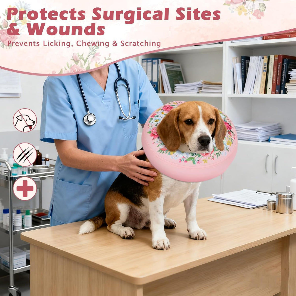 IEUUMLER Inflatable Recovery Dog Cone Collar, Neck Donut Protective ECollar, Adjustable Soft Collar for Dog and Cat After Surgery Prevent from Biting & Licking EU020 Floral Wreath M