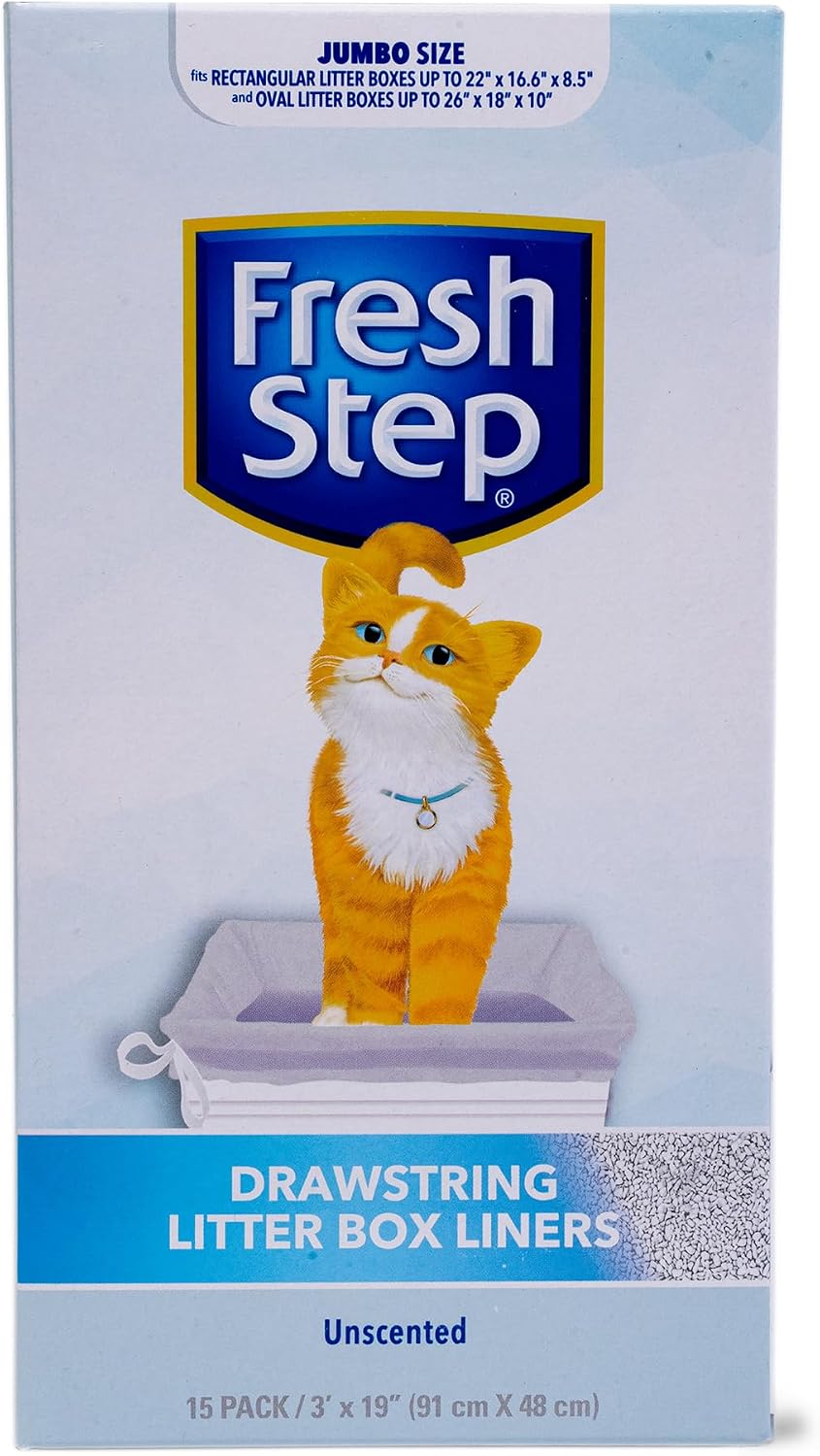 Fresh Step Drawstring Cat Litter Box Liners,Unscented, 3 ft x 19 in, 15 Ct | Heavy-duty drawstring design, for extra-large oval or rectangle pans, leak-proof, easy cleanup, daily use