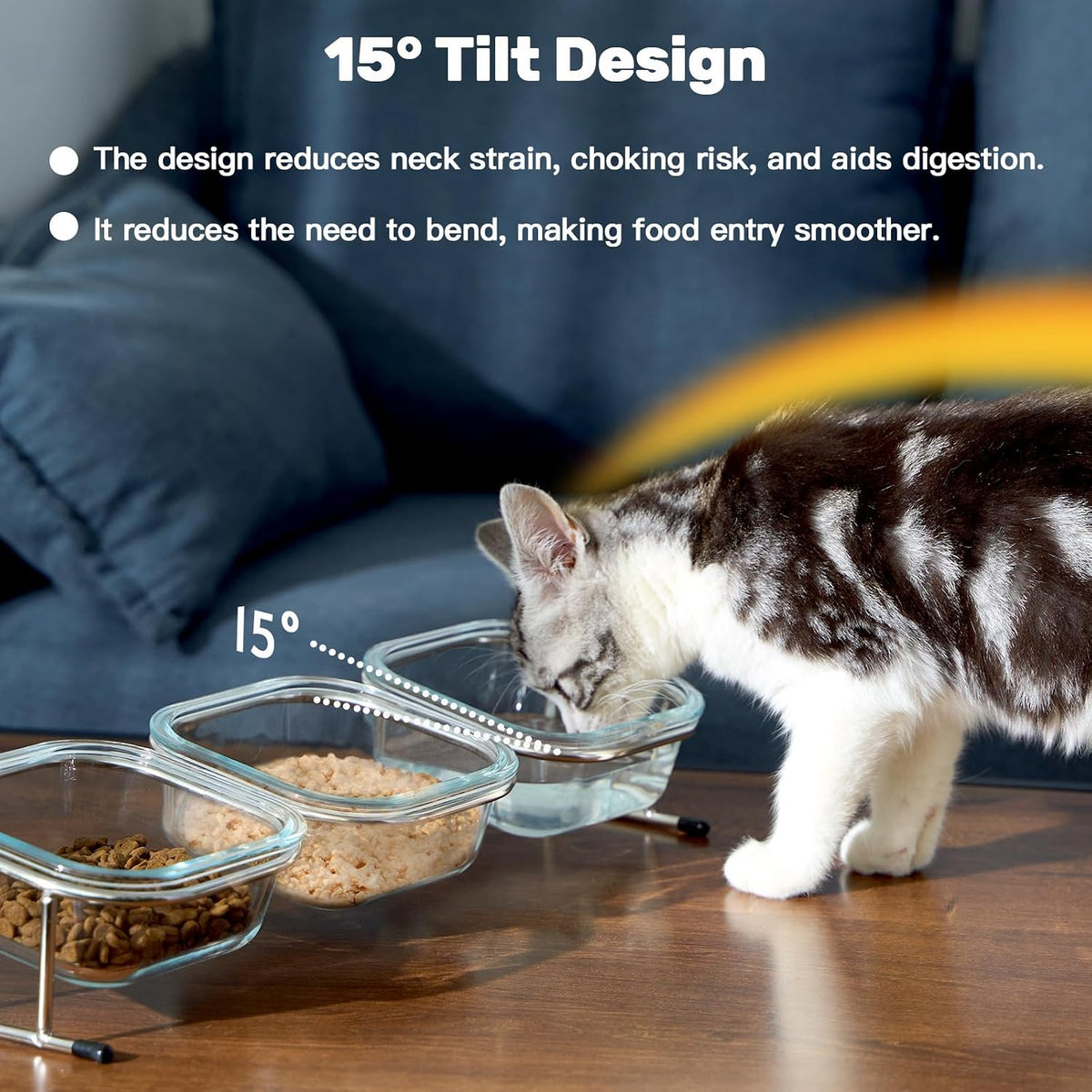 Elevated Cat Bowls, 15° Tilted Glass Raised Cat Food and Water Bowl | Stainless Steel Stand, 3 Large Capacity Glass Cat Bowls and 4 Anti Slip Feet, Suitable for Cats and Little Dogs