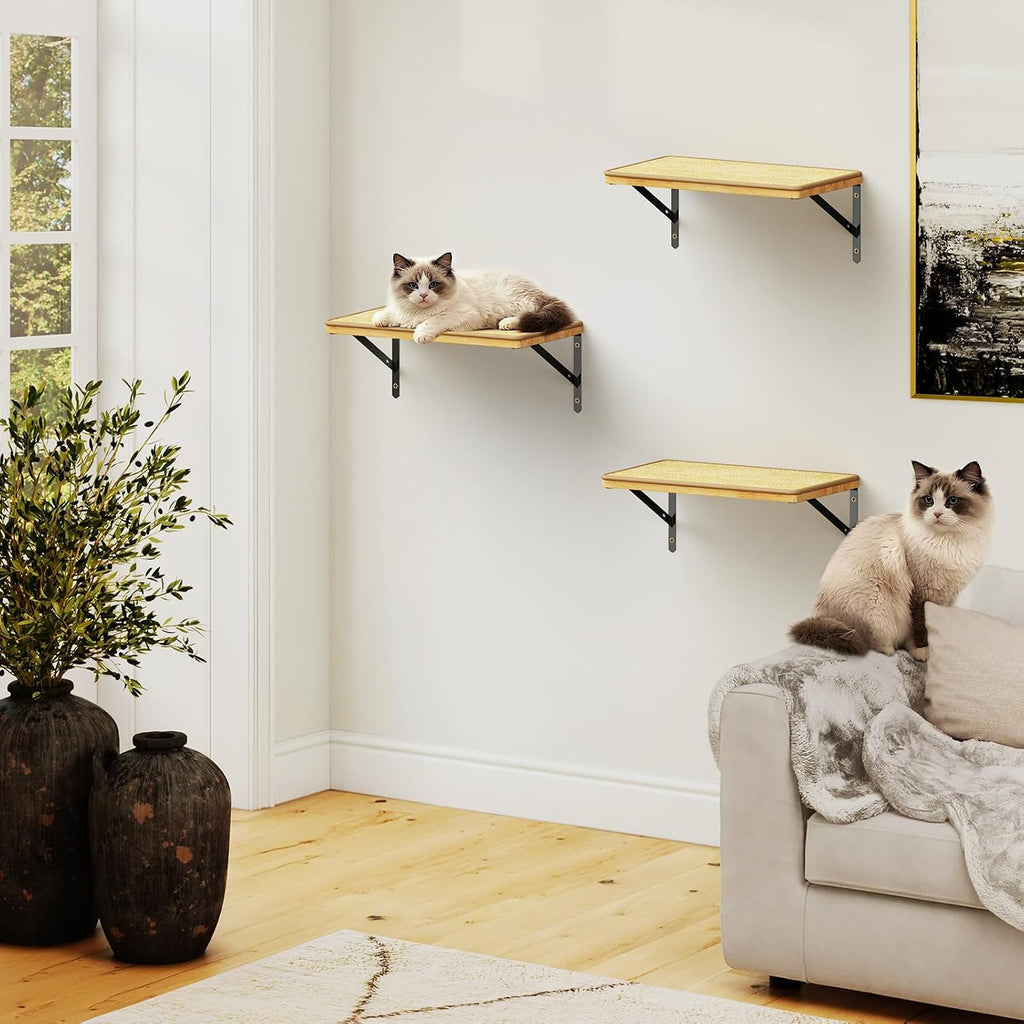 3Pcs 16.5"×10" Large Cat Wall Shelves - Wall Mounted Cat Shelves, Natural Wood with Fixtures for Large Cats and Kittens for Household Pets Sleeping, Playing, Climbing