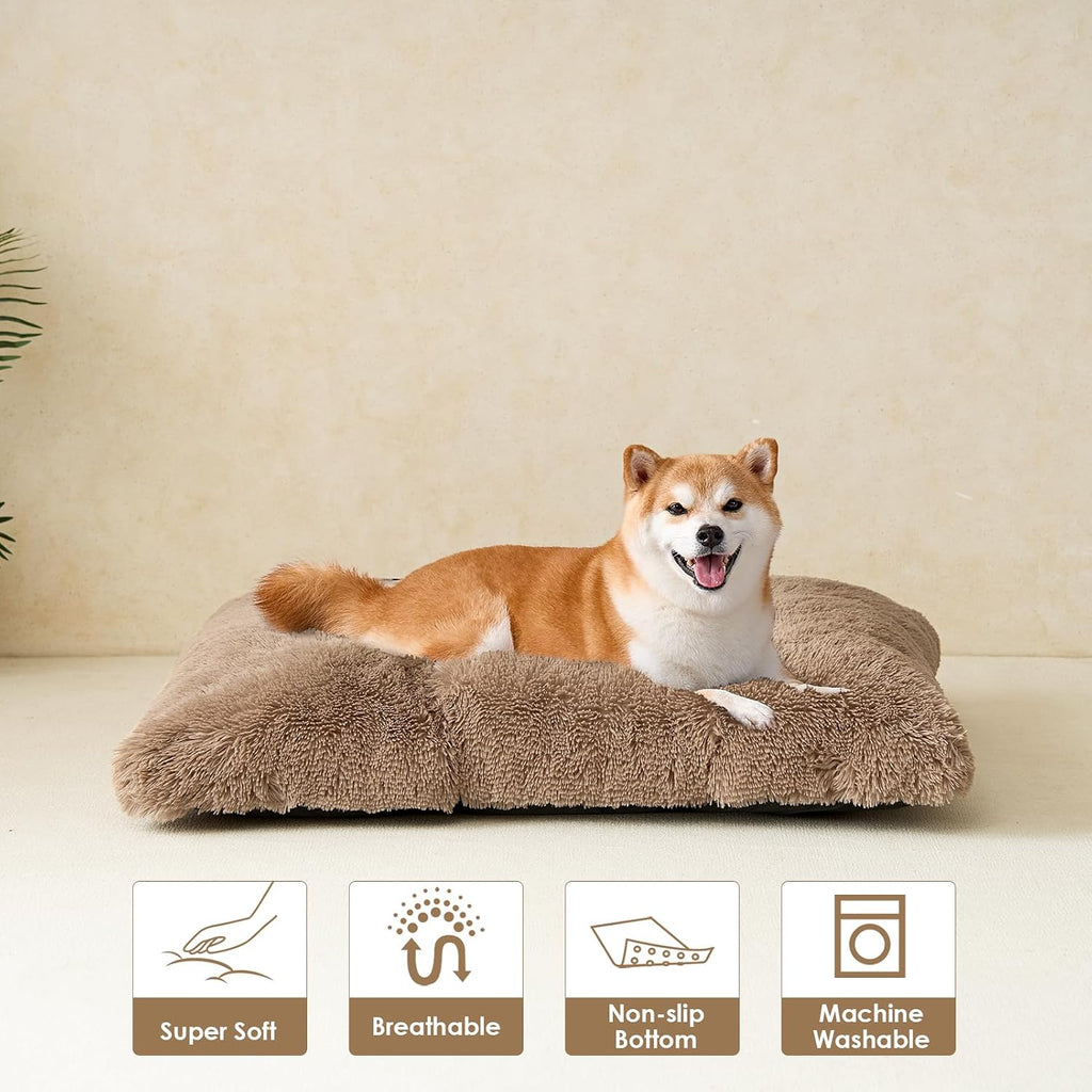 EHEYCIGA Fluffy Dog Crate Bed for Large Dogs, Plush Faux Fur Pad, Camel