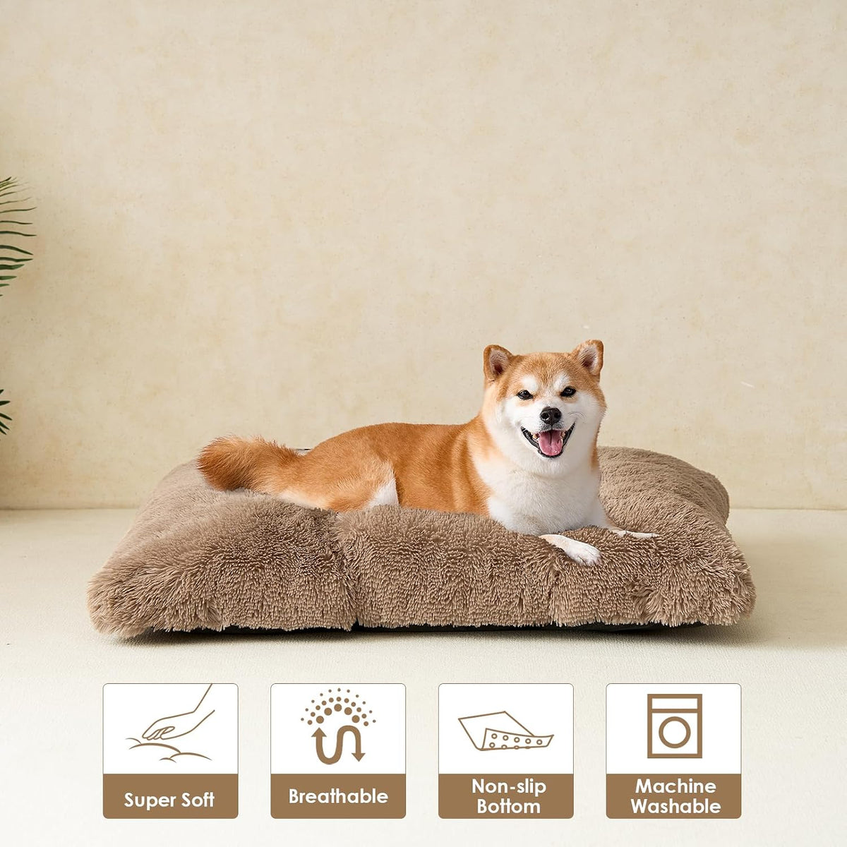 EHEYCIGA Fluffy Dog Crate Bed for Large Dogs, Plush Faux Fur Pad, Camel