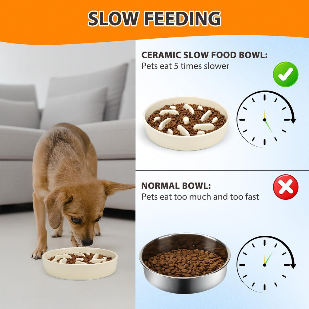 Ceramic Slow Feeder Dog Bowl, 2 Cups Maze Puzzle Dish to Slow Down Eating