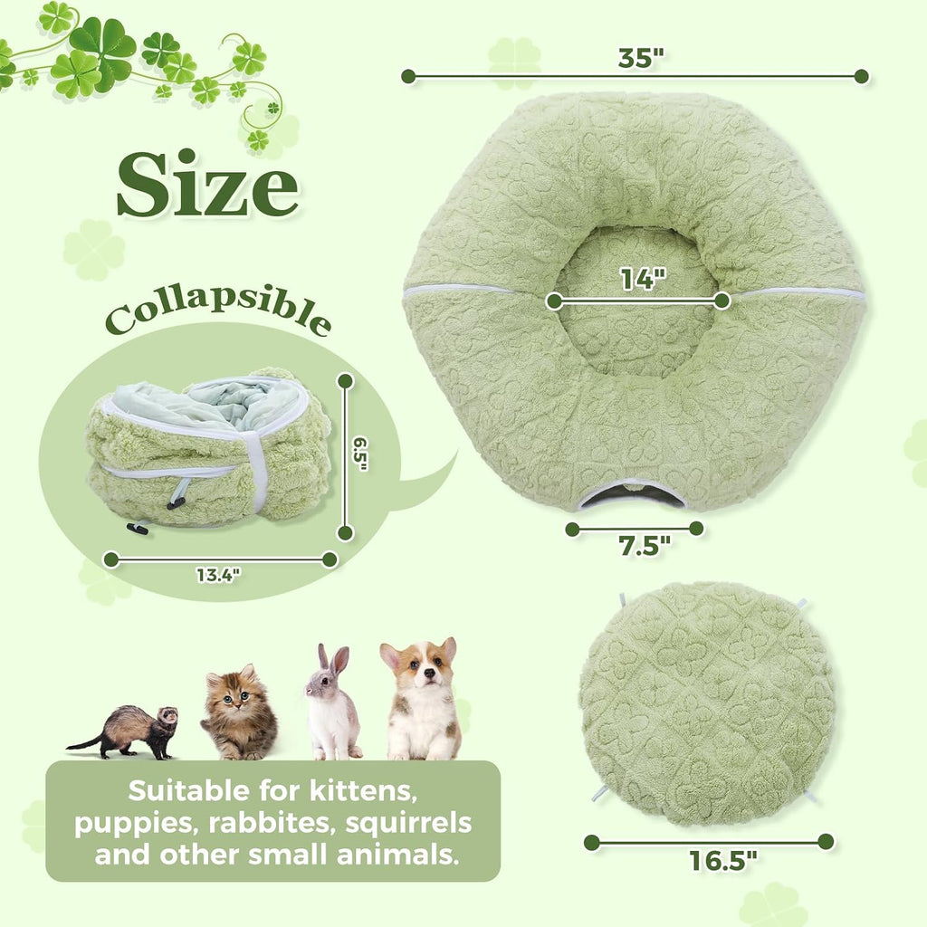 PEQULTI Green Donut Cat Tunnel Bed Washable Plush Mat for Multi Small Pets