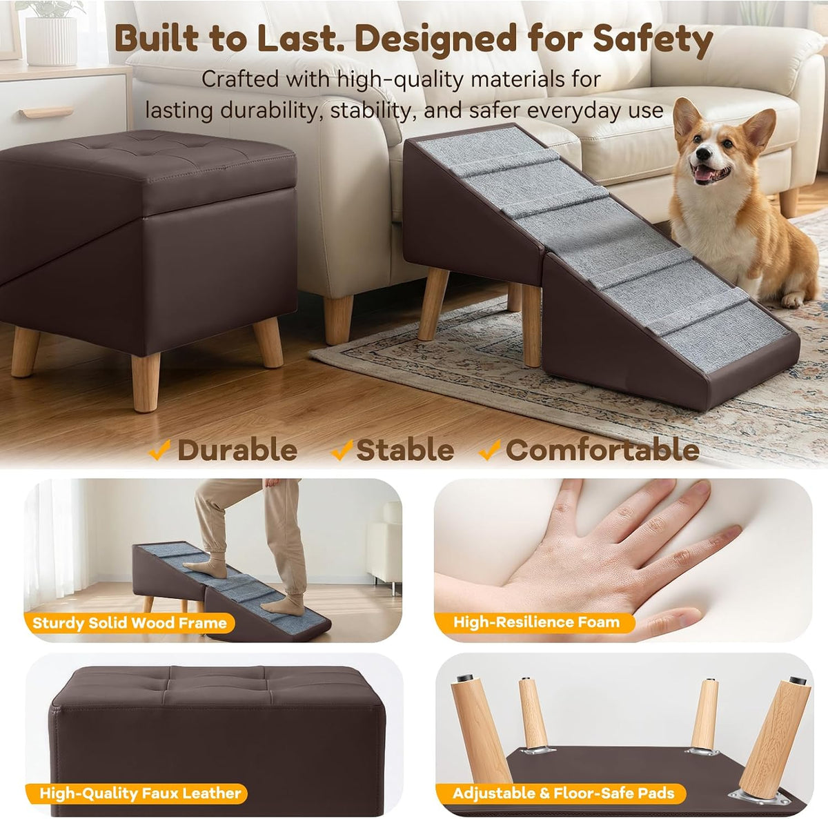 Dog Ramp for Small Dogs, 3-in-1 Dog Stairs Ottoman for Couch