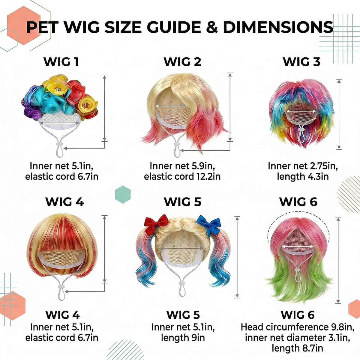 6-Piece Fun Pet Wig Set Cosplay Wigs & Costumes for Cats and Dogs - Ideal for Christmas, Pet Festivals, Halloween and Other Parties