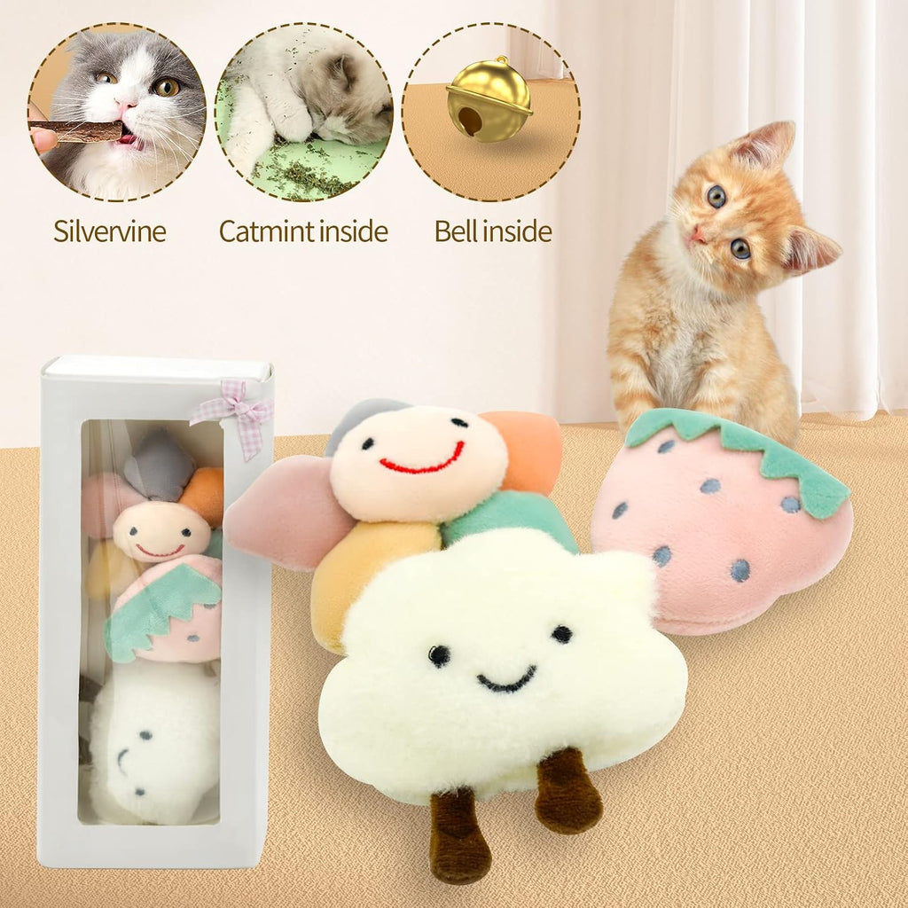 Kitten Chew Toys for Teething with Catnip – 3Pcs Bite Resistant Plush Cat Toys (Strawberry, Cloud Bell, Sunflower Stick)