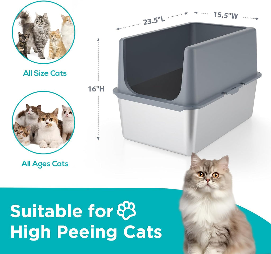 Stainless Steel Litter Box with Lid,Metal Cat Litter Box,23.5x15.5x16in