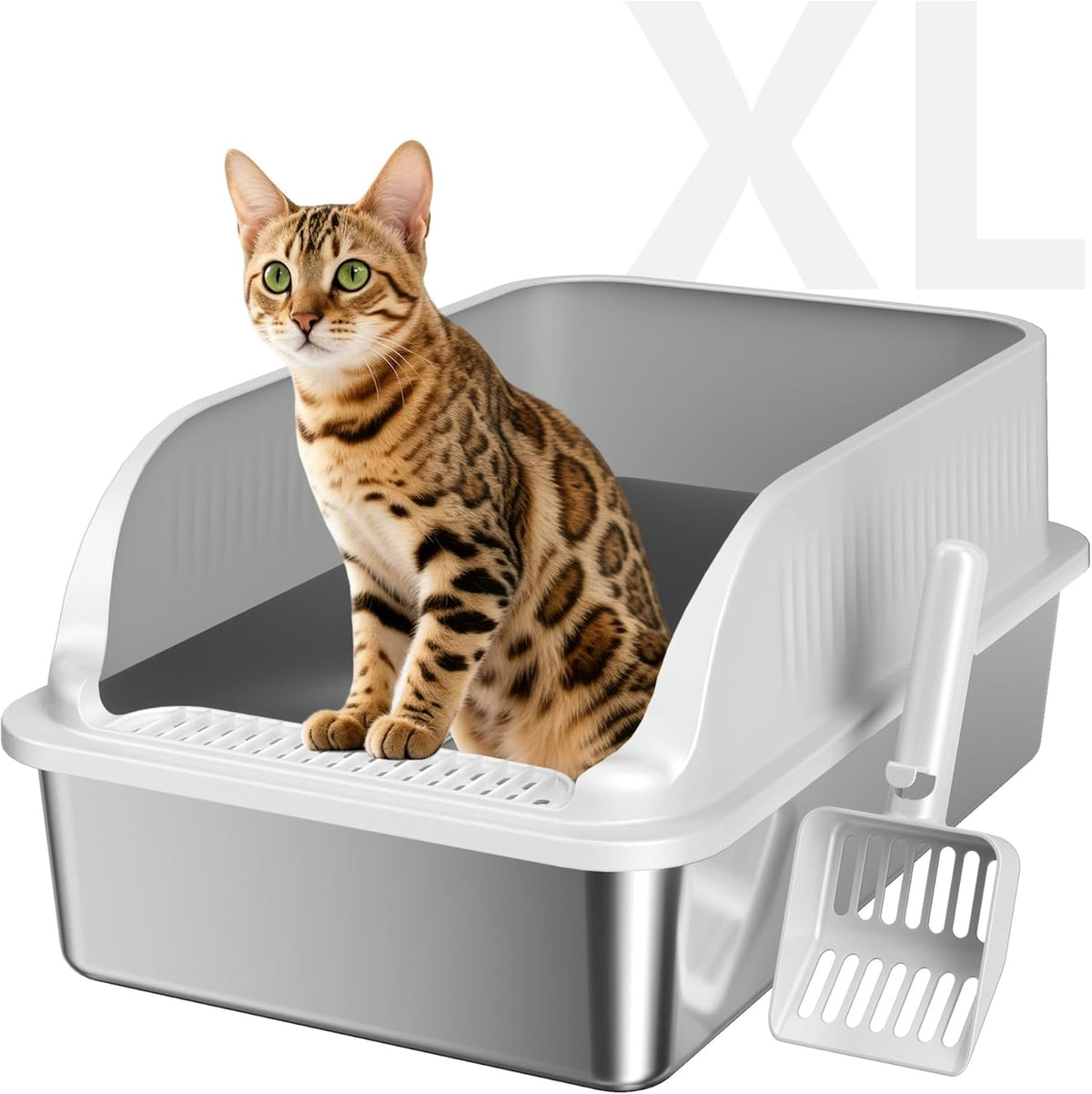 Stainless Steel Cat Litter Box with Lid, XL Metal High Sided Litter Box | Odor Free Open Top Litter Pan Easy Cleaning Anti-Urine Leakage Non-Stick Includes Scoop Light Grey