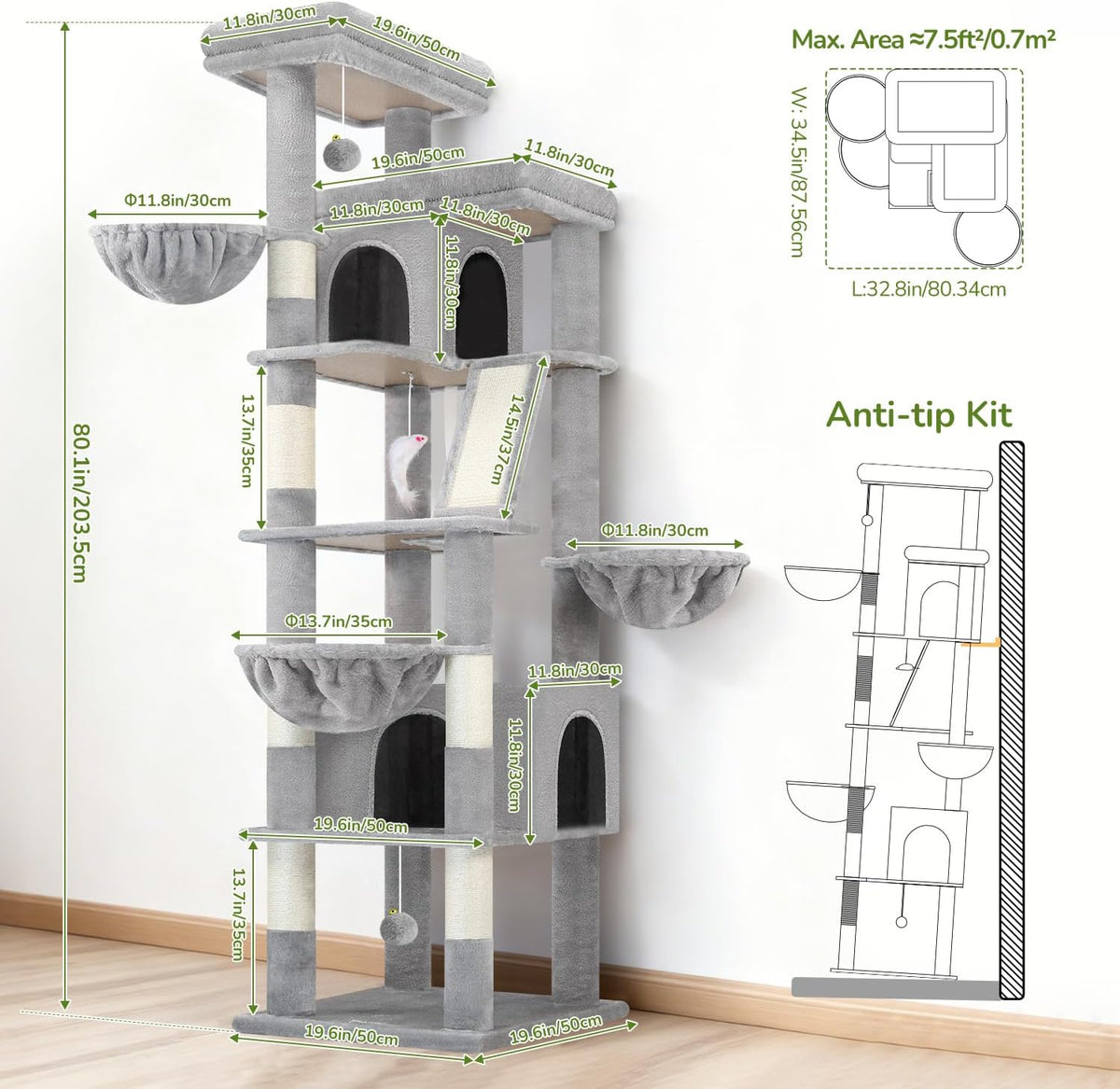 Globlazer 80in Extra Large Tall Corner Cat Tree Tower, S80G, Light Grey