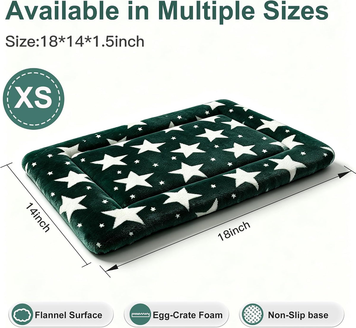 Dog Bed Mat, Reversible Crate Pad & Cute Dog Bed - Machine Washable Kennel Mat with Ultra Soft (Big&Small Stars Green, 18" L x 14" W x 1.5" Th)