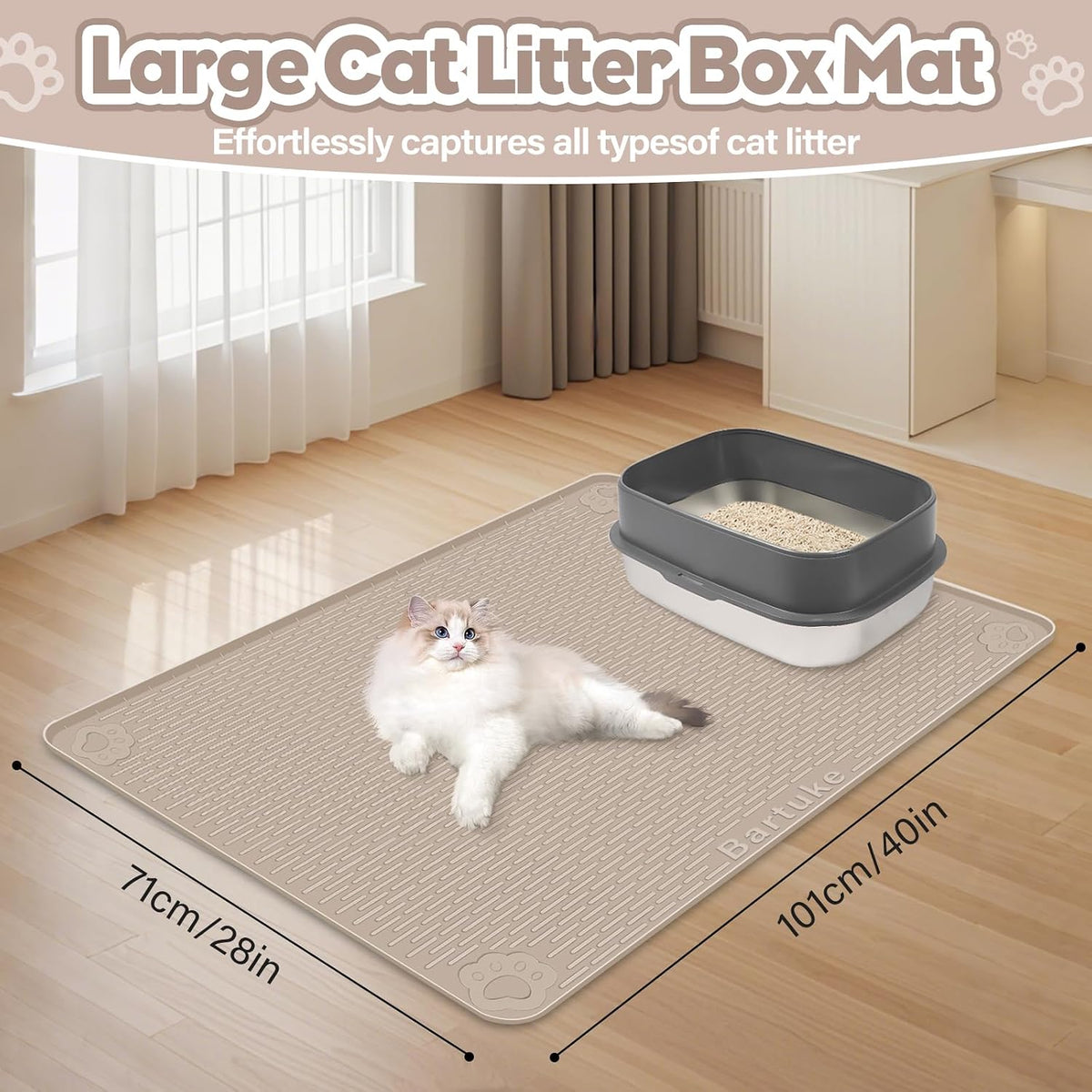 Silicone Cat Litter Mat for Litter Box 40”x28” Large Cat Mat, Khaki | Waterproof, Non-Slip, Leak-Proof Rug Mat with Lip, Easy to Clean, Extra Large Litter Catcher Mat for Floor