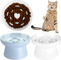 Tioncy 2 Pcs Ceramic Elevated Slow Feeder Cat Bowl, White, Blue