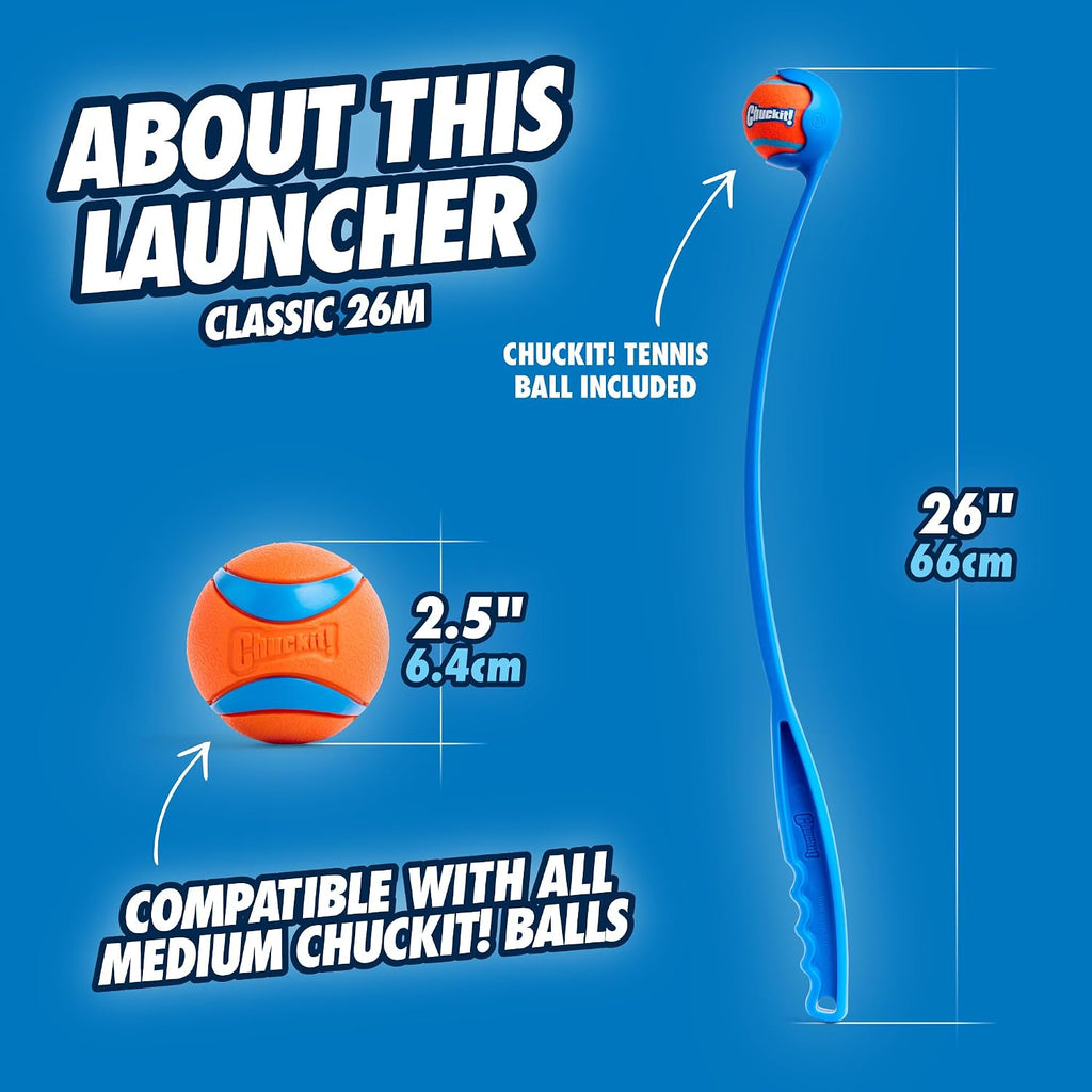 Chuckit! Ultra Ball and Launcher Bundle, Classic 26M with 2 Medium Balls | Bundle Includes a 26 In Launcher and 2 Bouncy Medium 2.5 in Fetch Balls Built for Dogs 20-60 lbs, Perfect for Active Play