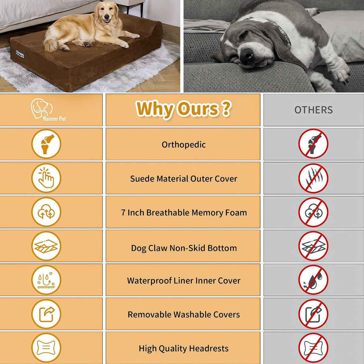 Rainmr Orthopedic Dog Beds for Large Dogs, 7" Memory Foam Dog Beds with Waterproof Liner, Durable Microsuede Cover, Removable and Washable, Nonskid Bottom, 48"x30"x7" L Chocolate