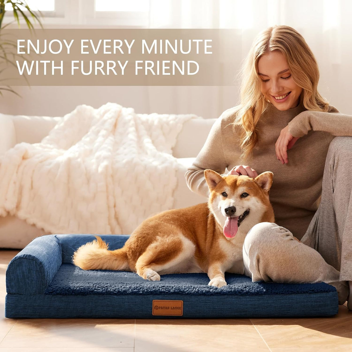 Patas Lague Orthopedic Large Dog Bed Washable Pet Sofa Bed 48X30 Navy Blue