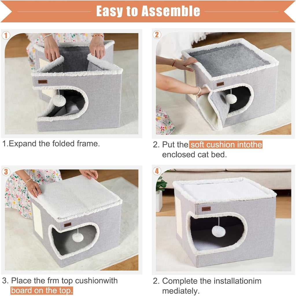 Garnpet Cat Bed for Indoor Cats Cube House, Covered Cat Cave Beds & Furniture with Scratch Pad and Hideaway Tent, Cute Modern Cat Condo for Multi Small Pet Large Kitten Kitty, Large, Grey