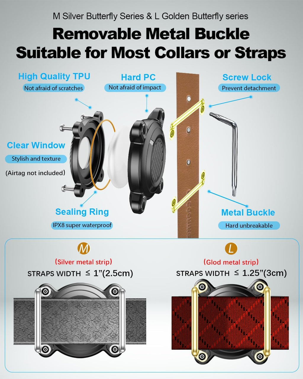 2 Pack Airtag Dog Collar Holder,IPX8 Waterproof Airtag Holder for Dog Collar,Removable Metal Buckle Strap-Ultralight Hard TPU Dog Collar Airtag Holder,Compatible Apple AirTag, XBSJ-2-B-L