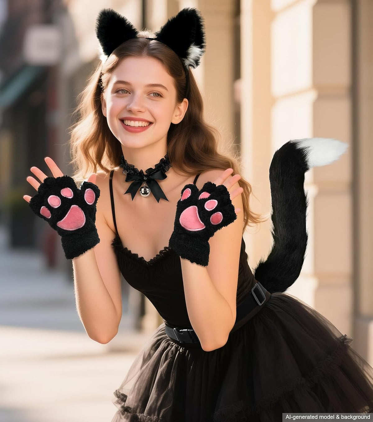 Cat Ears and Tail,Wolf Fox Ears Long Tail and Bell Lace Choker Set for Halloween,Animal Cosplay Party Costume