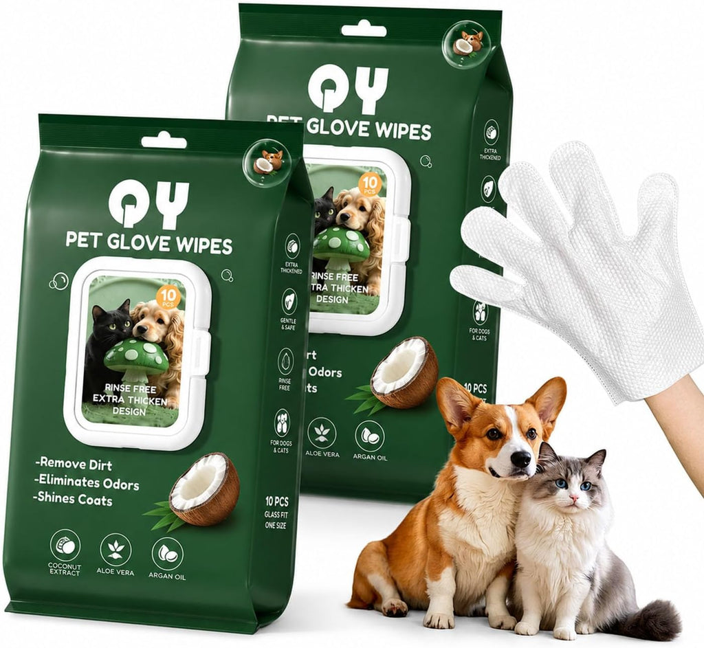10-Pack Pet Cleaning Glove Wipes with Lid | Extra Thick Dog & Cat Grooming Gloves | Rinse-Free Bath Wipes with Coconut, Aloe, Corn & Jojoba for Odor Control & Daily Care