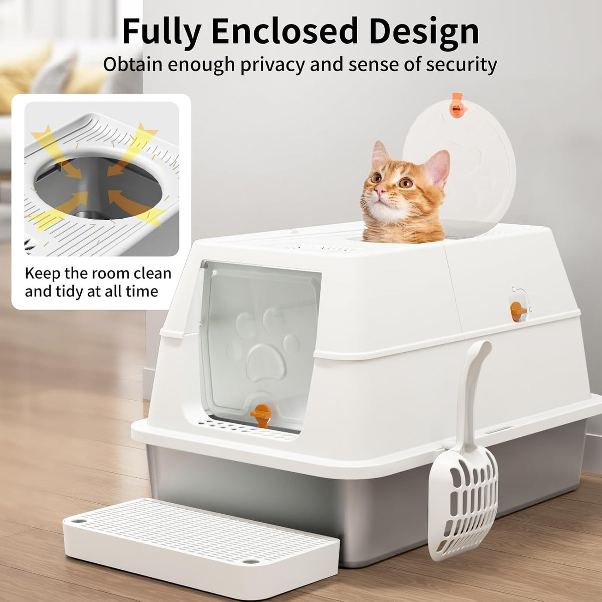 Stainless Steel Cat Litter Box with Lid, Flip-Top XL Large, White