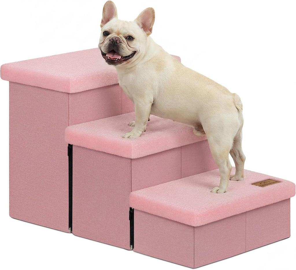 Zerbuger Dog Stairs with Storage, Pink Furry Lids 3 Steps Dog Ramp no Condo