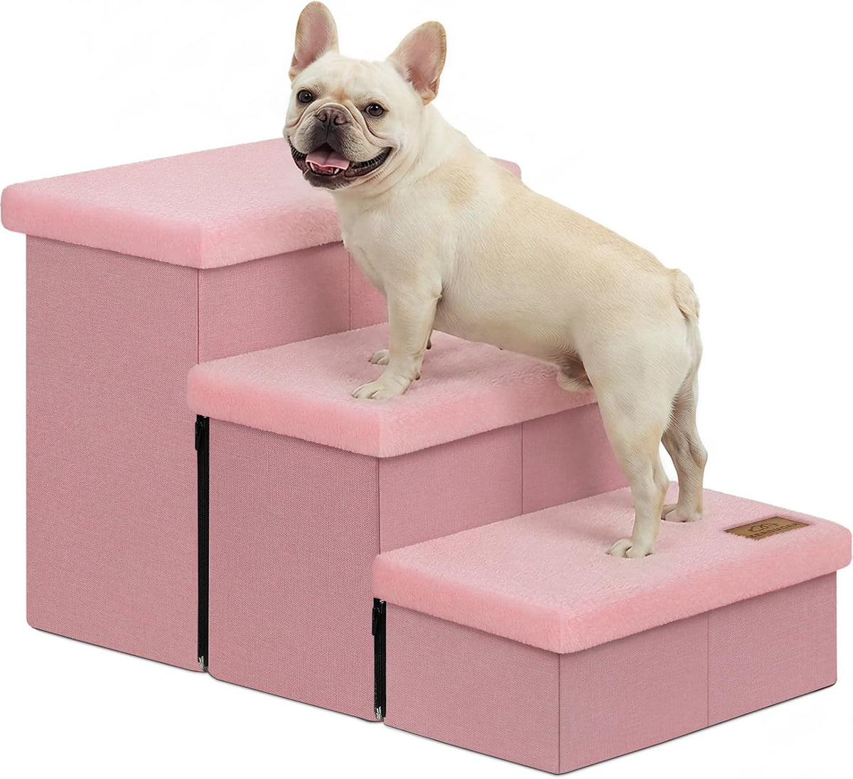 Zerbuger Dog Stairs with Storage, Pink Furry Lids 3 Steps Dog Ramp no Condo