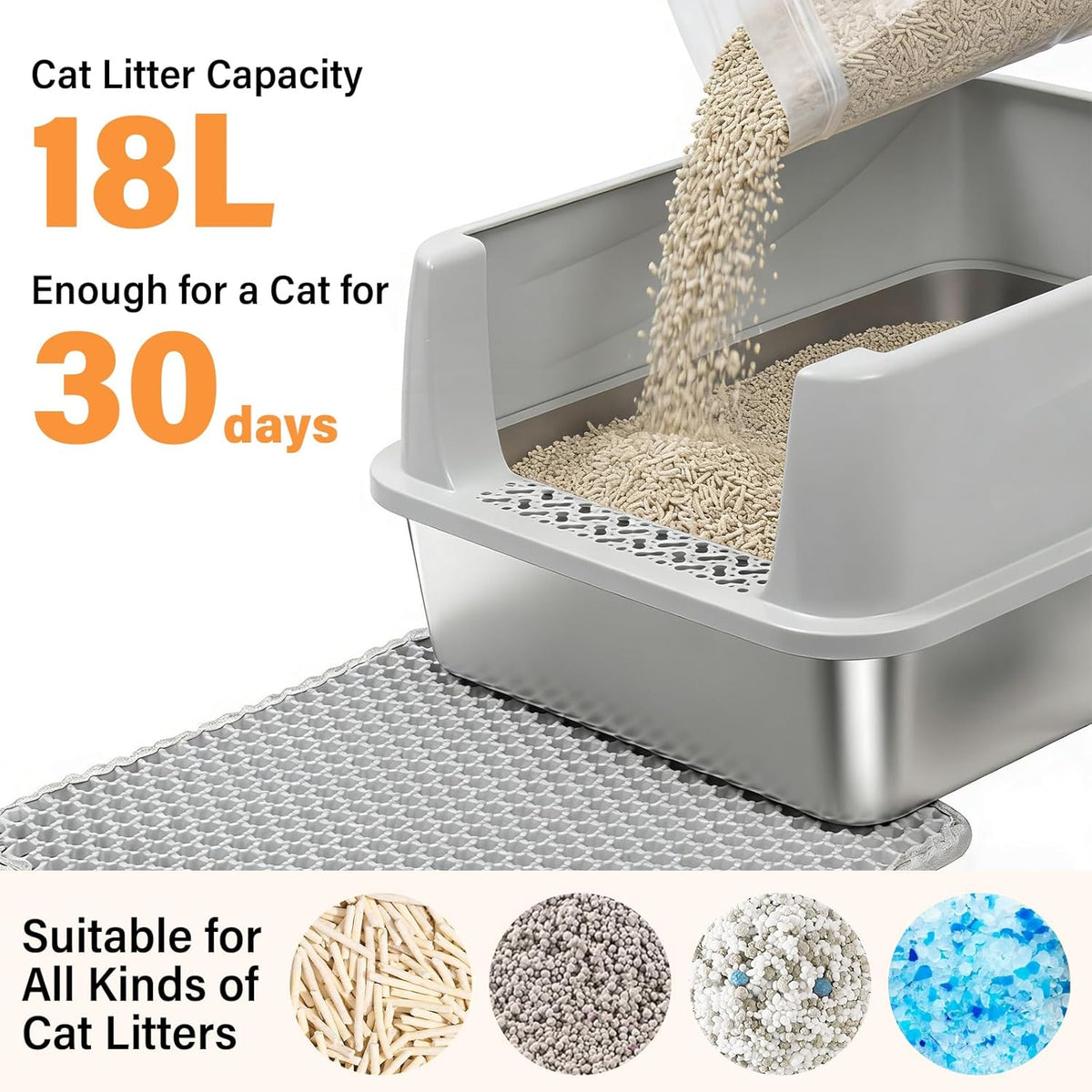 Stainless Steel Litter Box for Kitten,Metal Litter Box with Lid S | Cat Litter Box High Sides,Small Cats,Open Design,Indoor,1-Mat and 1-Scoop,Easy to Clean, No Odor,Anti-Urine Leakage