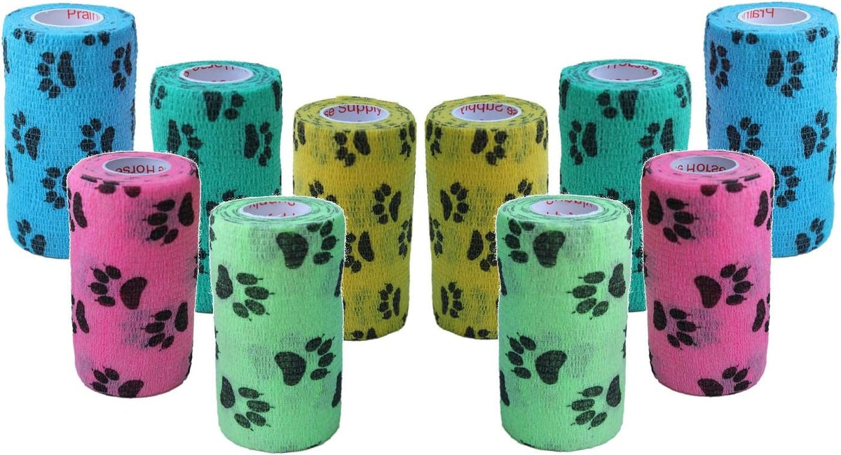 3 Inch Vet Wrap Tape Bulk (Paw Prints Variety) (Pack of 12) Self Adhesive Adherent Adhering Flex Bandage Grip Roll for Dog Cat Pet