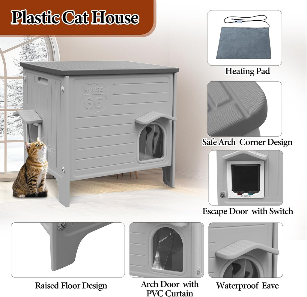 Heated Cat House Outdoor Large Weatherproof Plastic Cats Shelter