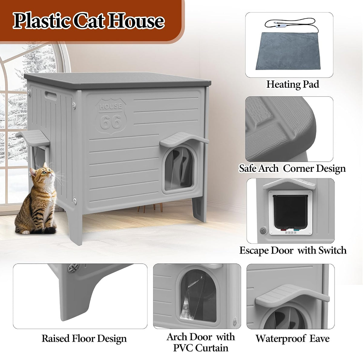 Heated Cat House Outdoor Large Weatherproof Plastic Cats Shelter