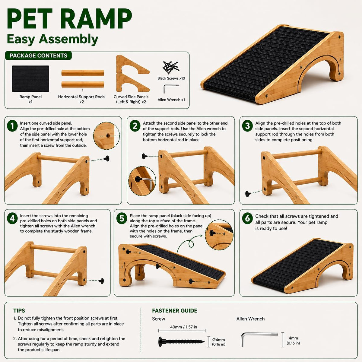 Wooden Dog Ramp for Stairs, Extra Wide 16.9" Pet Ramp with Arch Support Design and Anti-Slip Carpet Surface, Low Angle Ramp for Small Dogs & Cats, Senior Injured Pets, Sofa Bed Access