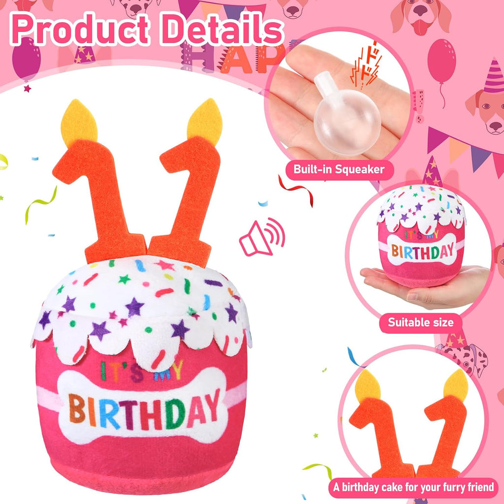 Dansydaisy Dog Birthday Cake Toy Squeaky Plush Gift,11th,Pink | Interactive Squeaky Gift for Dogs, Dog Birthday Decor , Soft Chew for Small Medium Large Pets, Cake Design with Candle