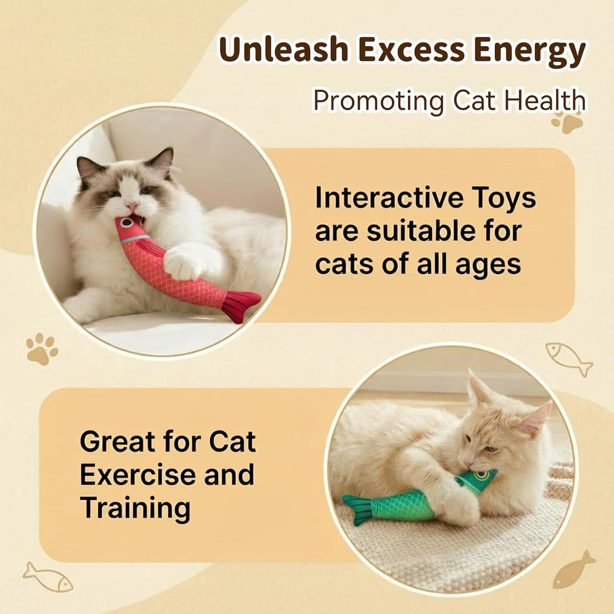 Cat Toys for Indoor Cats, Fish-Shaped Pillow, 2 Pack Red+Green | 5000mg A+Natural Catnip & Bell, Interactive Soft Chew Kicker, For Indoor Cats & Kittens, Crinkle & Bell Fish Sound Toy