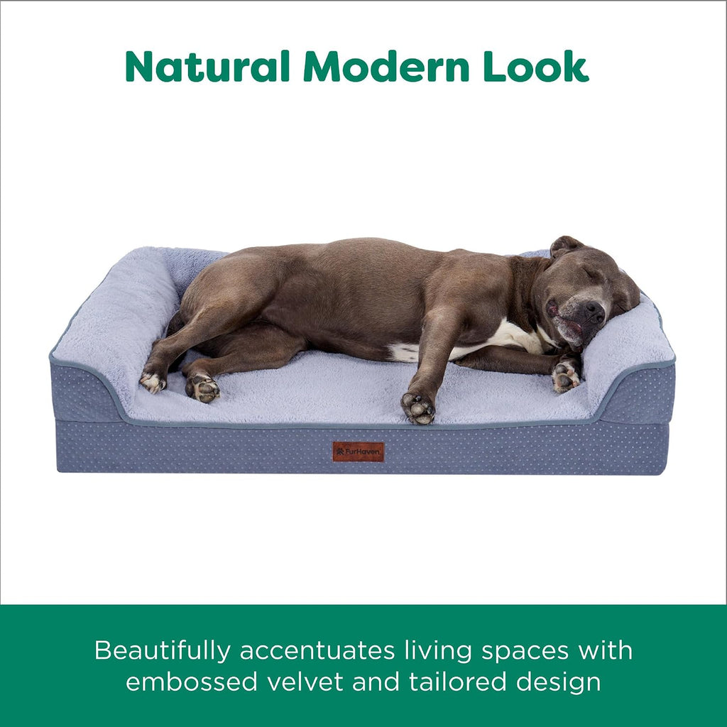Furhaven Embossed Velvet Cooling Gel Sofa Pet Bed, Steel Blue, Jumbo Plus